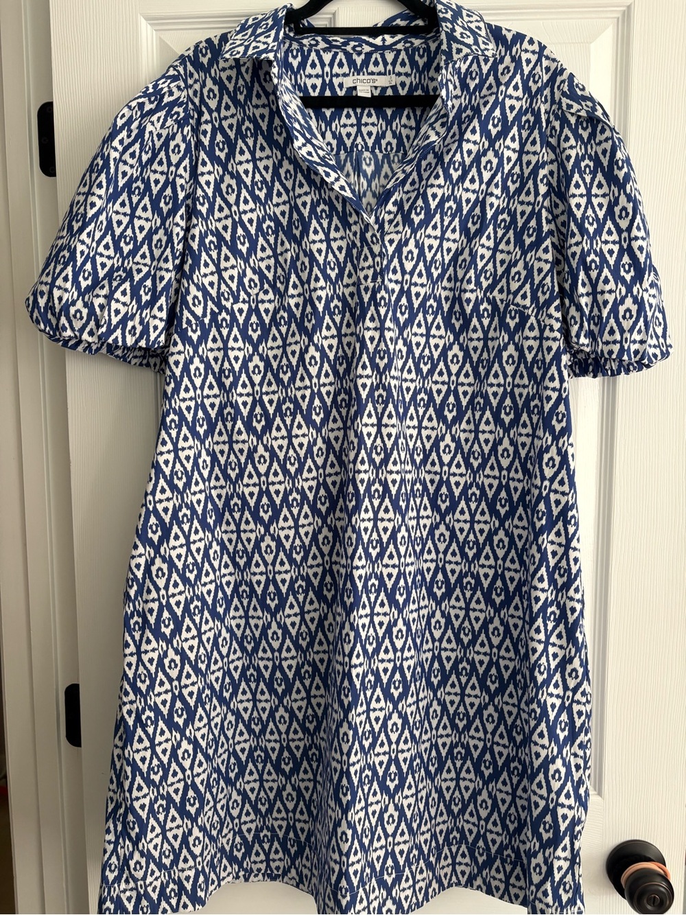 Chicos Blue and White Balloon Sleeve Dress A-Line Like New XL
